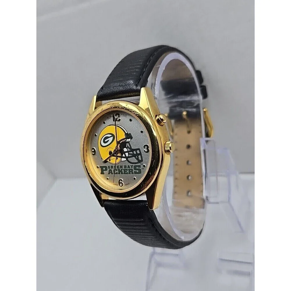 Green Bay Packers Sun Time Quartz Analog Watch Gold Tone Football New Battery
